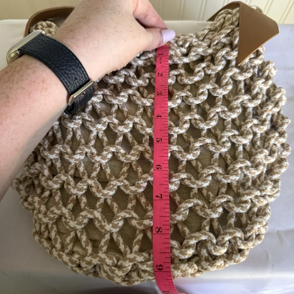 Motf Macrame Fabric Faux Leather Shoulder Hobo Bag Purse Cream Brown Handbag